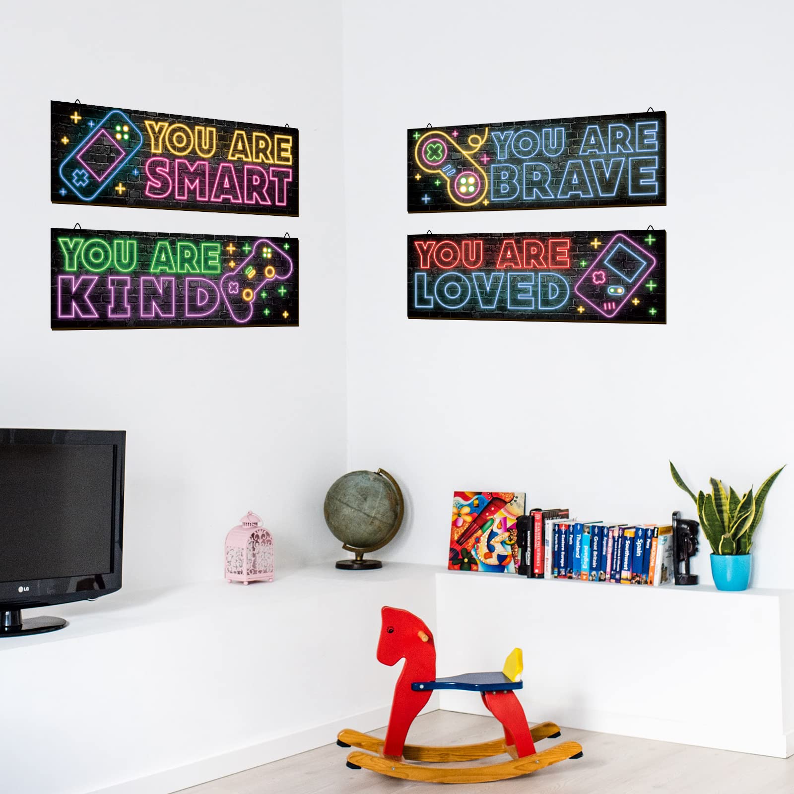4 Pieces Neon Gaming Decor For Boys Room Wooden Video Game Wall Art Print 11.8 X 3 Inch Motivational Quote Gamer Hanging Plaques